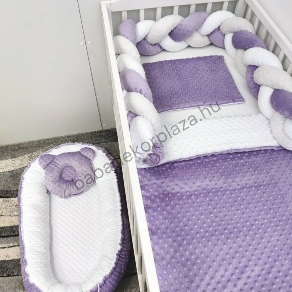Deluxe Baby Minky babaágynemű garnitúra babafészekkel - 5 részes - orgona - fehér - szürke