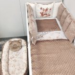 Deluxe Baby babaágynemű garnitúra babafészekkel, Extra párnás rácsvédővel - Dreamland Collection - cappuccino bébi erdei állatok