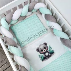   Deluxe Baby 3 részes babaágynemű garnitúra - takaró + párna + fonott rácsvédő - menta - maci a tisztáson