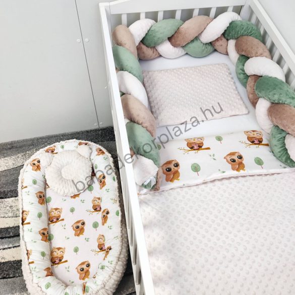 Deluxe Baby babaágynemű garnitúra babafészekkel - 5 részes - mogyoró - vidám baglyocskák