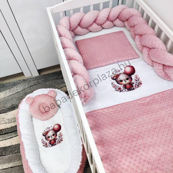 Deluxe Baby babaágynemű garnitúra babafészekkel - 5 részes - Mályvarózsa - macilány léggömbbel II.