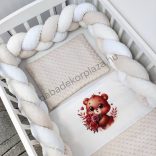 Deluxe Baby 3 részes babaágynemű garnitúra - takaró + párna + fonott rácsvédő - mogyoró - maci rózsákkal