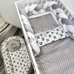   Deluxe Baby babaágynemű garnitúra babafészekkel - 5 részes - grafitszürke - pandák I.