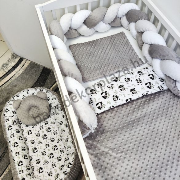 Deluxe Baby babaágynemű garnitúra babafészekkel - 5 részes - grafitszürke - pandák I.