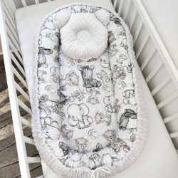   Deluxe Baby többfunkciós babafészek macipárnával - Minky szürke - bébi szafari