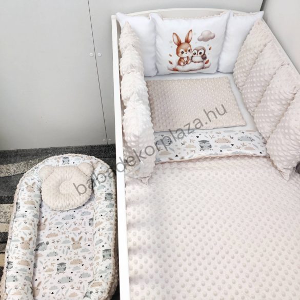 Deluxe Baby babaágynemű garnitúra babafészekkel, Extra párnás rácsvédővel - Dreamland Collection - mogyoró nyuszi és bagoly