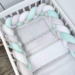   Deluxe Baby 3 részes Minky babaágynemű garnitúra - takaró + párna + fonott rácsvédő - szürke - fehér - menta