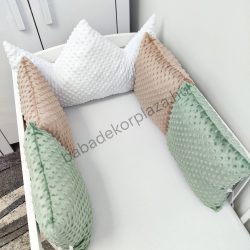   Deluxe Baby Minky párnás rácsvédő koronapárnával, 5 db-os - tricolor (fehér - cappuccino - sötét zsályazöld)
