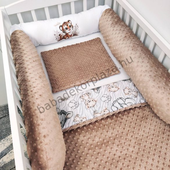 Deluxe Baby babaágynemű garnitúra hengerpárnás rácsvédővel - cappuccino - bébi szafari - tigris