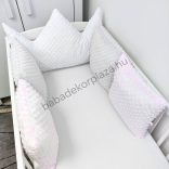 Deluxe Baby Minky párnás rácsvédő koronapárnával, 5 db-os - tricolor (fehér - szürke - világos rózsaszín)