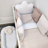 Babaágynemű babafészekkel, felhőpárnás rácsvédővel - Minky - fehér - mogyoró - cappuccino