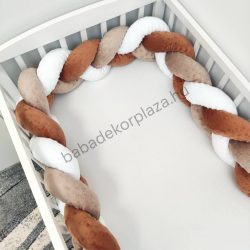   Fonott rácsvédő 70*140-es kiságyban körbeérő - Minky tricolor (terrakotta-cappuccino-fehér)