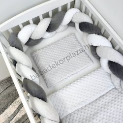   Deluxe Baby 3 részes Minky babaágynemű garnitúra - takaró + párna + fonott rácsvédő - szürke - fehér - sötét grafit