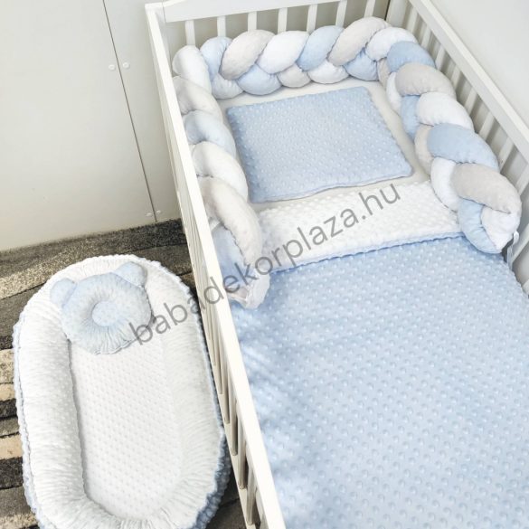Deluxe Baby Minky babaágynemű garnitúra babafészekkel - 5 részes - világoskék - fehér - szürke