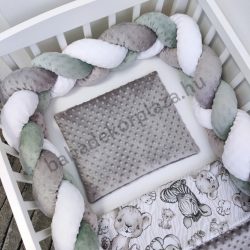   Deluxe Baby 3 részes babaágynemű garnitúra - takaró + párna + fonott rácsvédő - grafitszürke - bébi szafari II.