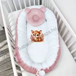 Deluxe Baby többfunkciós babafészek macipárnával, fekvőbetéttel - Minky mályvarózsa-fehér - vidám bébi őzike