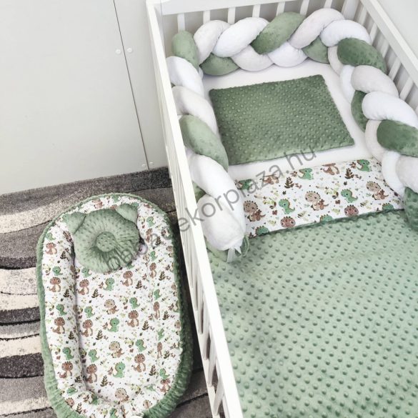 Deluxe Baby babaágynemű garnitúra babafészekkel - 5 részes - sötét zsályazöld - bébi dínók II.