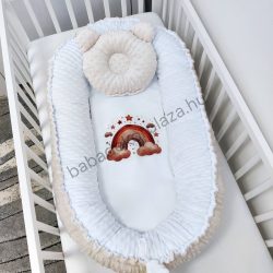   Deluxe Baby többfunkciós babafészek macipárnával, fekvőbetéttel - Minky mogyoró-fehér - szivárvány