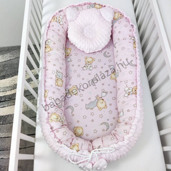 Deluxe Baby többfunkciós babafészek macipárnával - Minky világos rózsaszín - cuki macik