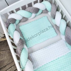   Deluxe Baby 3 részes Minky babaágynemű garnitúra - takaró + párna + fonott rácsvédő - menta - fehér - grafitszürke