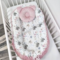   Deluxe Baby többfunkciós babafészek macipárnával - Minky mályvarózsa - elefántok léggömbökkel