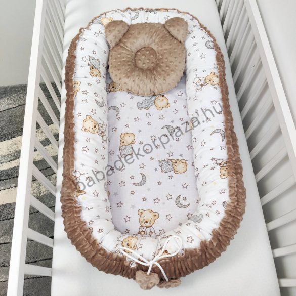 Deluxe Baby többfunkciós babafészek macipárnával - Minky cappuccino - cuki macik