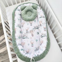   Deluxe Baby többfunkciós babafészek macipárnával - Minky sötét zsályazöld - repcsis rókák