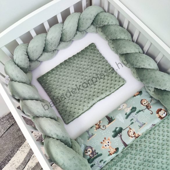Deluxe Baby 3 részes babaágynemű garnitúra - takaró + párna + fonott rácsvédő - sötét zsályazöld - szafari kölykök II.