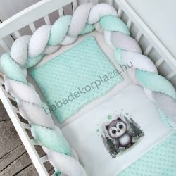   Deluxe Baby 3 részes babaágynemű garnitúra - takaró + párna + fonott rácsvédő - menta - bagoly a tisztáson