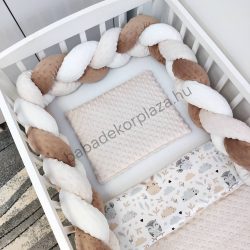   Deluxe Baby 3 részes babaágynemű garnitúra - takaró + párna + fonott rácsvédő - mogyoró - nyuszi és bagoly II.