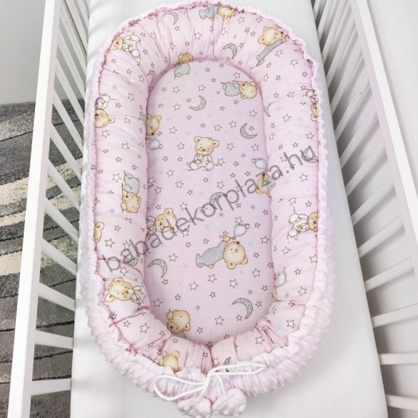 Deluxe Baby többfunkciós babafészek - Minky világos rózsaszín - cuki macik