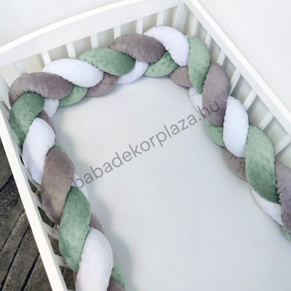 Fonott rácsvédő 70*140-es kiságy feléig érő - Minky tricolor (grafit - sötét zsályazöld - fehér)