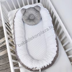   Deluxe Baby többfunkciós babafészek macipárnával - Minky grafitszürke - fehér