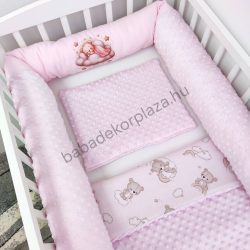   Deluxe Baby babaágynemű garnitúra hengerpárnás rácsvédővel - rózsaszín alvó maci