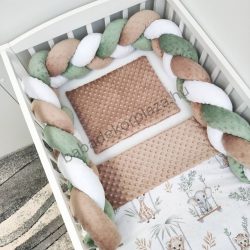   Deluxe Baby 3 részes babaágynemű garnitúra - takaró + párna + fonott rácsvédő - cappuccino - szavanna kölykök