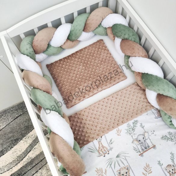 Deluxe Baby 3 részes babaágynemű garnitúra - takaró + párna + fonott rácsvédő - cappuccino - szavanna kölykök