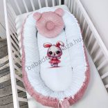 Deluxe Baby többfunkciós babafészek macipárnával, fekvőbetéttel - Minky mályvarózsa-fehér - balerina nyuszi