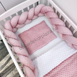   Deluxe Baby 3 részes Minky babaágynemű garnitúra - takaró + párna + fonott rácsvédő - mályvarózsa - fehér