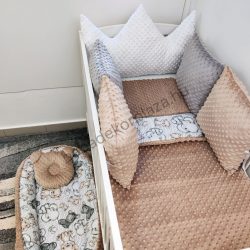   Deluxe Baby babaágynemű garnitúra babafészekkel, koronapárnás rácsvédővel - fehér - cappuccino - grafitszürke - bébi szafari
