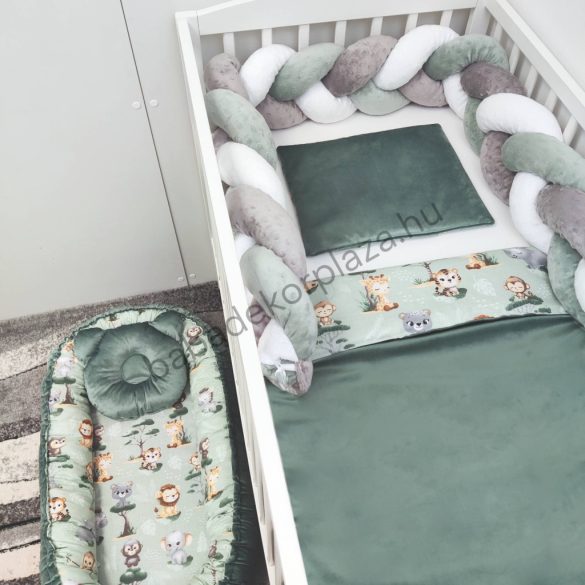 Deluxe Baby babaágynemű garnitúra babafészekkel - 5 részes - zöld szafari kölykök