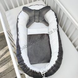   Deluxe Baby többfunkciós bársony babafészek pillangó párnával és babatakaróval - grafitszürke - fehér