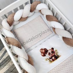   Deluxe Baby 3 részes babaágynemű garnitúra - takaró + párna + fonott rácsvédő - mogyoró - panda léggömbökkel