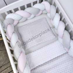   Deluxe Baby 3 részes Minky babaágynemű garnitúra - takaró + párna + fonott rácsvédő - szürke - fehér - világos rózsaszín