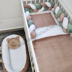   Deluxe Baby Minky babaágynemű garnitúra babafészekkel - 5 részes - cappuccino - fehér - sötét zsályazöld