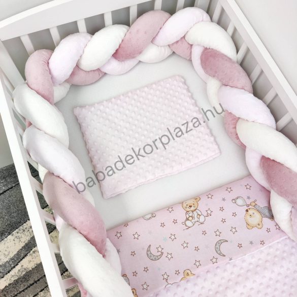 Deluxe Baby 3 részes babaágynemű garnitúra - takaró + párna + fonott rácsvédő - világos rózsaszín - cuki macik II.