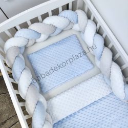   Deluxe Baby 3 részes Minky babaágynemű garnitúra - takaró + párna + fonott rácsvédő - világoskék - fehér - szürke