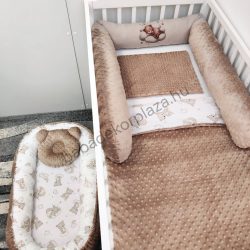   Deluxe Baby babaágynemű garnitúra babafészekkel, hengerpárnás rácsvédővel - cappuccino alvó maci