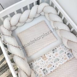   Deluxe Baby 3 részes babaágynemű garnitúra - takaró + párna + fonott rácsvédő - mogyoró - nyuszi és bagoly I.