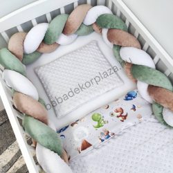   Deluxe Baby 3 részes babaágynemű garnitúra - takaró + párna + fonott rácsvédő - szürke - cuki dínók