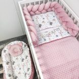 Deluxe Baby Minky babaágynemű garnitúra babafészekkel - 5 részes - mályvarózsa - elefántok léggömbökkel